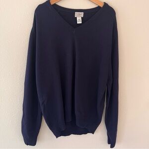 LL Bean Mens Sweater Large Lambswool Blue V-Neck Grandpa Classic Pullover